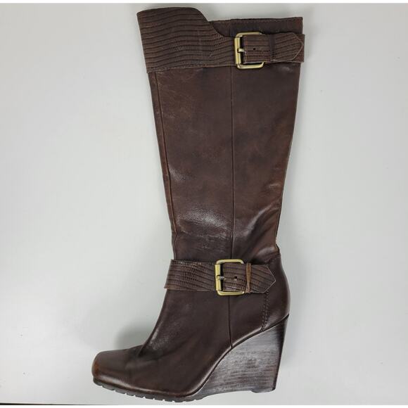 a.n.a. A New Approach Womens Boots 7 Brown Leather Knee High Wedges Heels Buckle - Picture 1 of 16